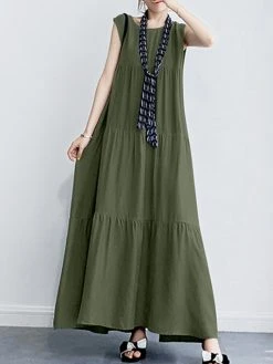 Solid Ruffle Sleeveless Vacation Casual Maxi Dress