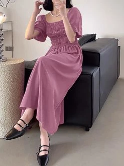 Solid Shirred Puff Sleeve Square Collar Maxi Dress -Zanzea Shop 58822c9c 057f 414e bbd2 7da53106b592