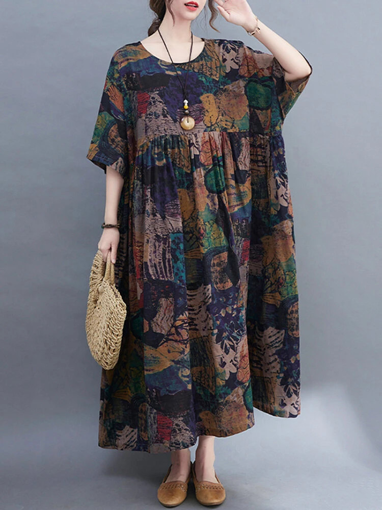 Vintage Flower Print Loose O-neck Half Sleeve Dress For Women 4 Vintage Flower Print Loose O-neck Half Sleeve Dress For Women - Image 4