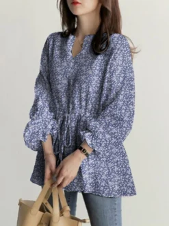 Allover Floral Print Drawstring Waist Notch Neck Blouse -Zanzea Shop 58e2abc0 3562 4eab 8c91 6915ffe461f1