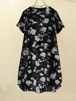 Women Monochrome Rose Print Quarter Button Short Sleeve Dress -Zanzea Shop 58f9e91a 6b4e 4ba8 a19d 53f8b9ef8738