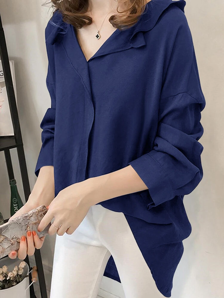 Solid Ruffle Loose Slit Long Sleeve Casual Women Blouse 5 Solid Ruffle Loose Slit Long Sleeve Casual Women Blouse - Image 5