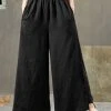 Solid Pocket Elastic Waist Wide Leg Casual Cotton Pants