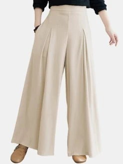 Solid Color Pleated Elastic Waist Casual Loose Wide-Leg Pants For Women