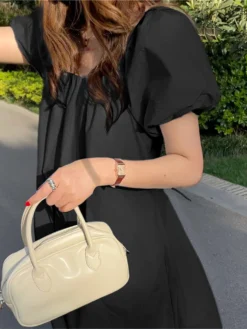 Solid Puff Sleeve Pocket Square Collar Midi Dress -Zanzea Shop 592a08ee 7471 4259 b39e 0722b0ca356c