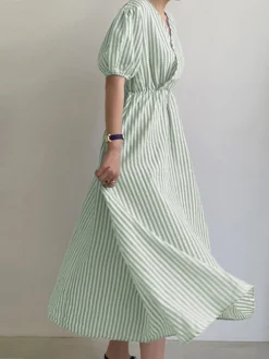 Puff Sleeve Wrap V-neck Stripe Print Midi Dress -Zanzea Shop 59a644ec a725 4840 a0a1 86361e582a13