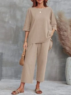 Women Solid Crew Neck High-Low Hem Cotton Co-ords -Zanzea Shop 59a6e804 34e7 4eb8 8f34 8a467ab4ffcc