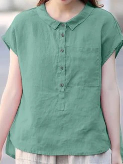 Solid Cotton Button Front Pocket Lapel Short Sleeve Blouse -Zanzea Shop 59aacbd0 8985 4695 b647 7b2723423933