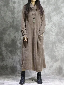Vintage Corduroy Pocket Long Sleeve Casual Midi Dress