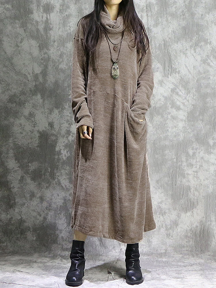 Vintage Corduroy Pocket Long Sleeve Casual Midi Dress 1 Vintage Corduroy Pocket Long Sleeve Casual Midi Dress