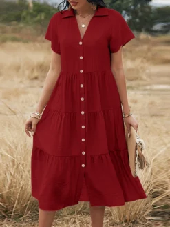 Solid Lapel Short Sleeve Button Front Casual Dress -Zanzea Shop 59b21c49 6e30 41a8 85f7 0158fe5a7f96