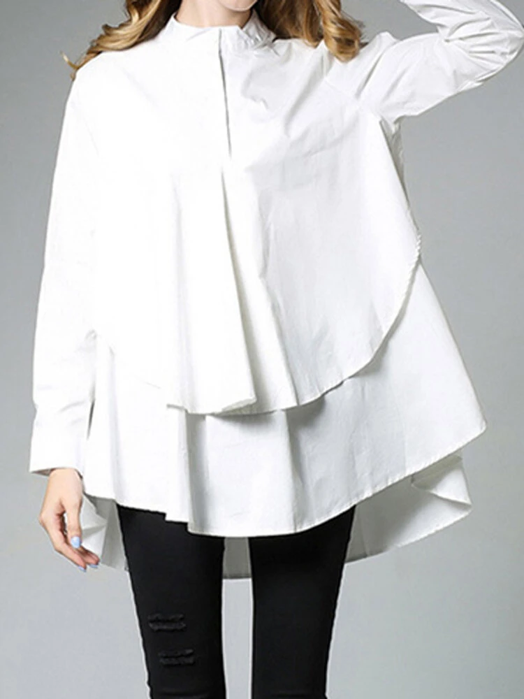 Fashion Ruffled Hem Patchwork Long Sleeve Doll Plus Size Blouse 2 Fashion Ruffled Hem Patchwork Long Sleeve Doll Plus Size Blouse - Image 2