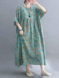 Allover Floral Print Crew Neck Loose Vintage Dress -Zanzea Shop 59f971e0 00fe 4305 bb5b 228c35dbf2f9
