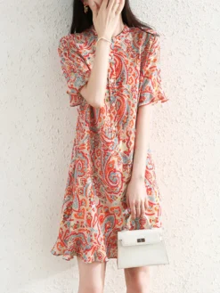 Random Allover Print Ruffle Sleeve Stand Collar Dress