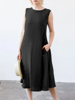 Solid Sleeveless Pocket Crew Neck Dress With Belt -Zanzea Shop 5ac666ab 412f 410f 87c8 f66f3bdd444c