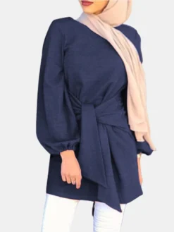 Elegant Waist Belt Tie-up Sleeve Plus Size Blouse