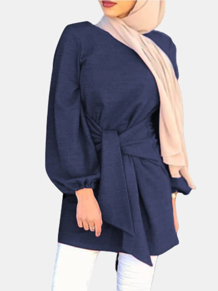 Elegant Waist Belt Tie-up Sleeve Plus Size Blouse 1 Elegant Waist Belt Tie-up Sleeve Plus Size Blouse