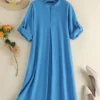 Solid Pocket Roll Tab Sleeve Notch Neck Vintage Dress