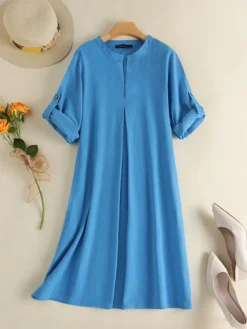Solid Pocket Roll Tab Sleeve Notch Neck Vintage Dress