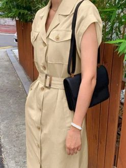 Solid Pocket Lapel Short Sleeve Button Front Dress With Belt -Zanzea Shop 5ba3f742 8d83 428e a00a 536275f90f98