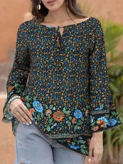 Flower Print Tie Front Bell Sleeve Bohemian Women Blouse