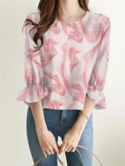 Marble Print 3/4 Sleeve Crew Neck Ruffle Blouse -Zanzea Shop 5bc24fc9 2ee2 465a 8602 6ecd0f7e2df6