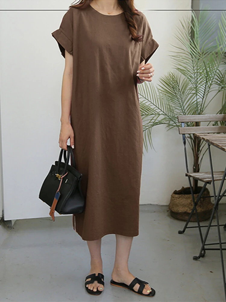 Leisure Solid Slit Hem Ruched Short Sleeve Maxi Dress 3 Leisure Solid Slit Hem Ruched Short Sleeve Maxi Dress - Image 3