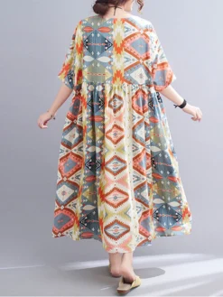 Painted Geometry Print Loose 3/4 Length Sleeve O-neck Vintage Dress 14 Painted Geometry Print Loose 3/4 Length Sleeve O-neck Vintage Dress -Zanzea Shop 5be67bdb 6616 4697 823d cb0d67a5b642