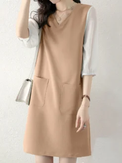 Contrast Dual Pocket 3/4 Sleeve V-neck Casual Dress