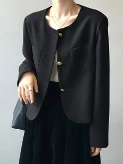 Solid Button Front Pocket Long Sleeve Blazer -Zanzea Shop 5c66061e 8383 43a5 b13a f32f9d6e03d0