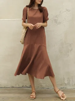 Cotton Solid Ruffle Short Sleeve Round Neck Casual Midi Dress -Zanzea Shop 5c8591d6 7bb7 4678 b23d 663a4273bb5e