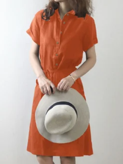 Solid Button Front Lapel Short Sleeve Dress With Belt -Zanzea Shop 5c8f6713 7500 4e75 834f e9bdc32e5656