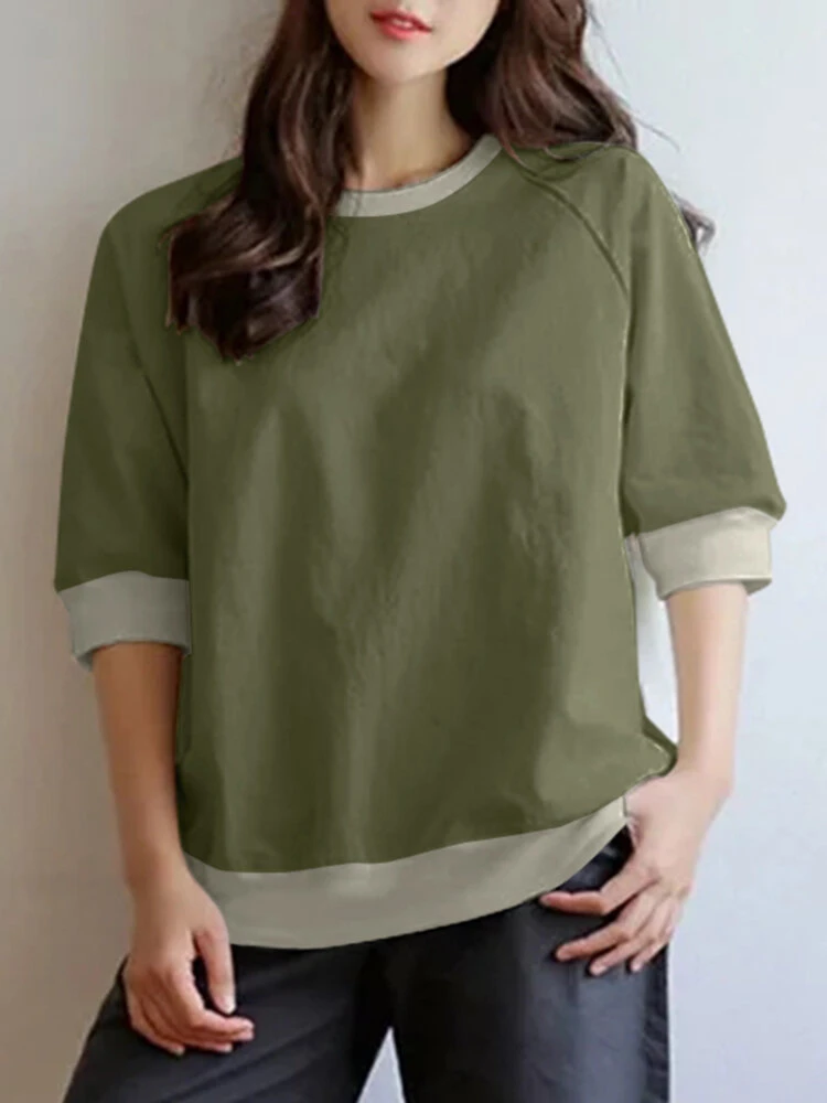 Women Contrast Patchwork Crew Neck Knit Raglan Sleeve T-Shirt 2 Women Contrast Patchwork Crew Neck Knit Raglan Sleeve T-Shirt - Image 2