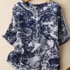 Cotton Plant Print Button Pocket Patchwork Short Sleeve Casual Blouse