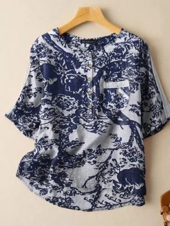 Cotton Plant Print Button Pocket Patchwork Short Sleeve Casual Blouse