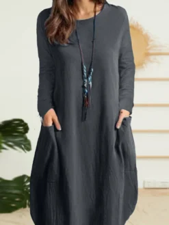 Solid Dual Pocket Long Sleeve Crew Neck Vintage Dress -Zanzea Shop 5cf108e4 81f7 4849 acb7 b6bff08b1b3e