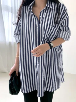 Stripe Pattern Loose Lapel Button Long Sleeve Shirt