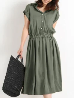 Solid Button Front Pocket Elastic Waist Lapel Shirt Dress