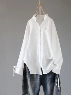 Solid Color Stand Collar Long Sleeve Knot Plus Size Shirt