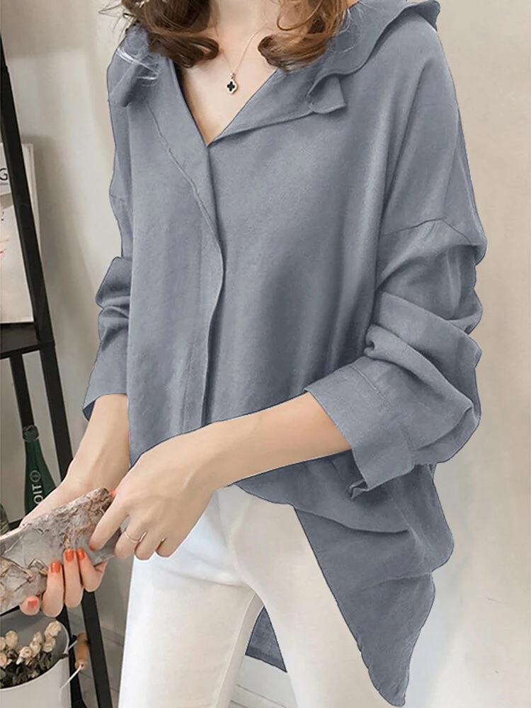 Solid Ruffle Loose Slit Long Sleeve Casual Women Blouse 3 Solid Ruffle Loose Slit Long Sleeve Casual Women Blouse - Image 3