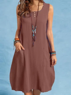 Solid Button Pocket Sleeveless Casual Cotton Midi Dress -Zanzea Shop 5d20b120 901c 4e46 885d 5db442e356e5