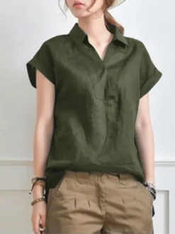 Solid V Neck Roll Short Sleeve Casual Cotton Blouse -Zanzea Shop 5d5dc249 dc0c 4774 b949 36b9350fdd99