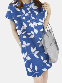Leaves Print Button Pocket Short Sleeve Dress With Belt
