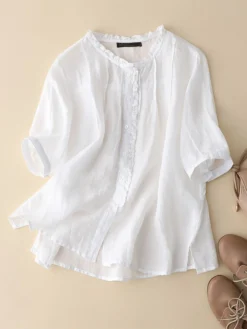 Women Solid Frill Trim Button Front Cotton 3/4 Sleeve Shirt -Zanzea Shop 5d79ee68 66a3 469b af18 a7ed939ed58a