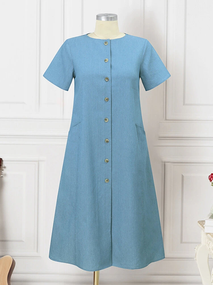 Women Solid Button Front Short Sleeve Denim Shirt Dress 3 Women Solid Button Front Short Sleeve Denim Shirt Dress - Image 3