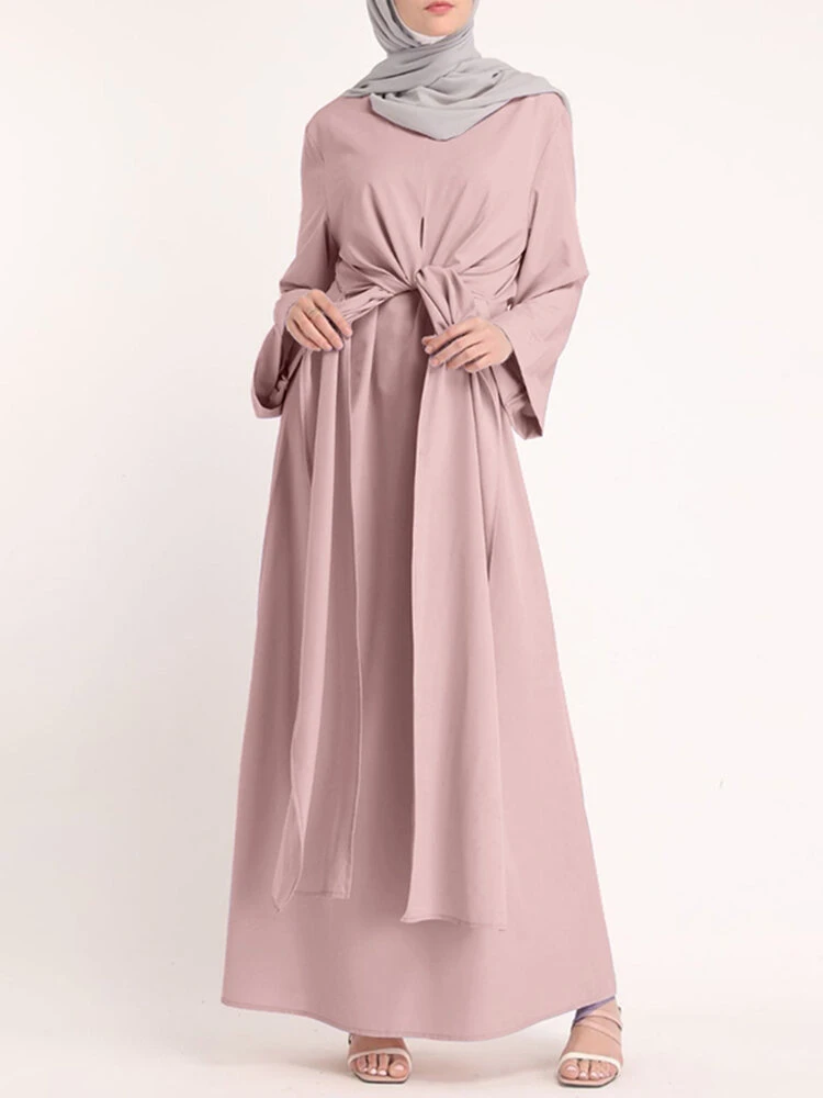 Solid Color Knotted Long Sleeve Maxi Muslim Dress 2 Solid Color Knotted Long Sleeve Maxi Muslim Dress - Image 2