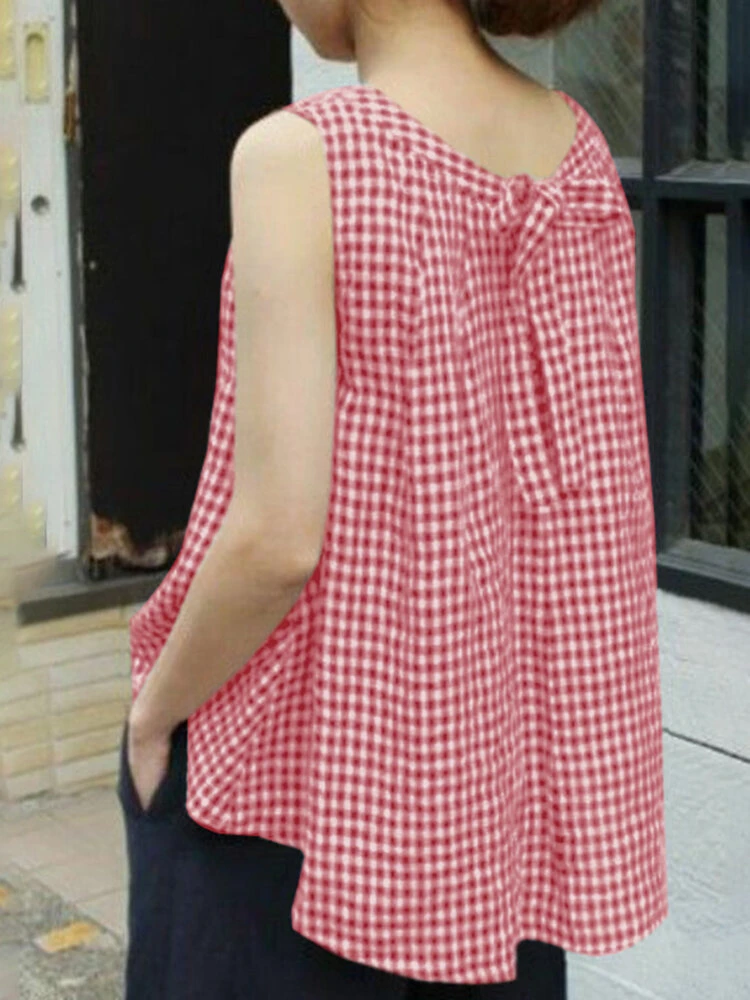 Plaid Knotted Round Neck Sleeveless Casual Tank Top 2 Plaid Knotted Round Neck Sleeveless Casual Tank Top - Image 2