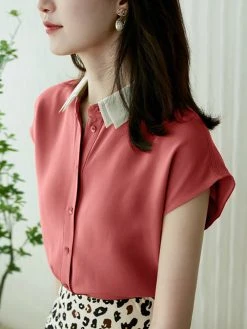 Contrast Double Layered Neck Short Sleeve Button Blouse -Zanzea Shop 5daf23a1 31a7 4cfc 8ad6 2a0079cc1cef