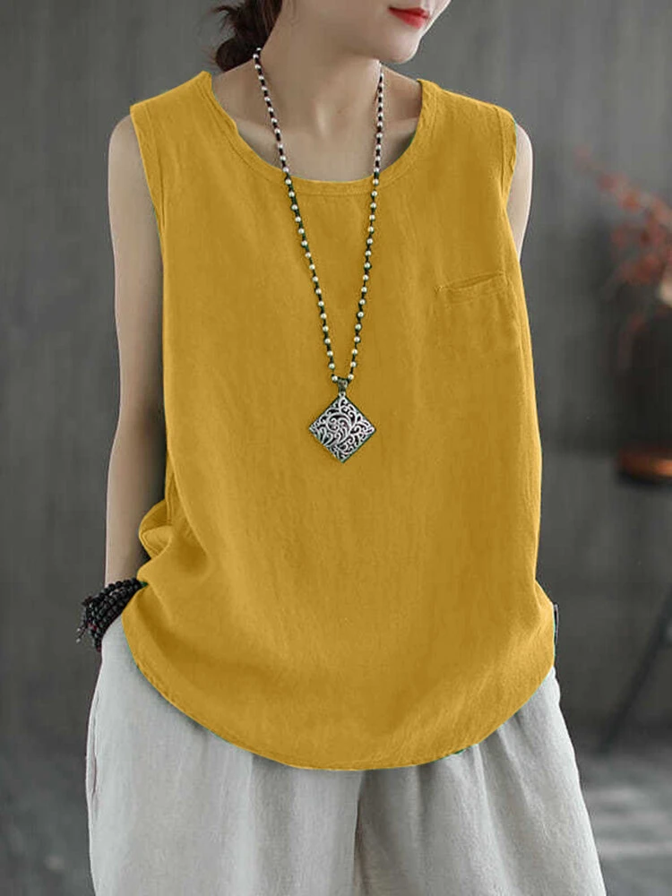 Women Solid Crew Neck Cotton Sleeveless Tank Top 4 Women Solid Crew Neck Cotton Sleeveless Tank Top - Image 4