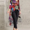 Graffiti Print High Low Long Sleeve Plus Size Blouse